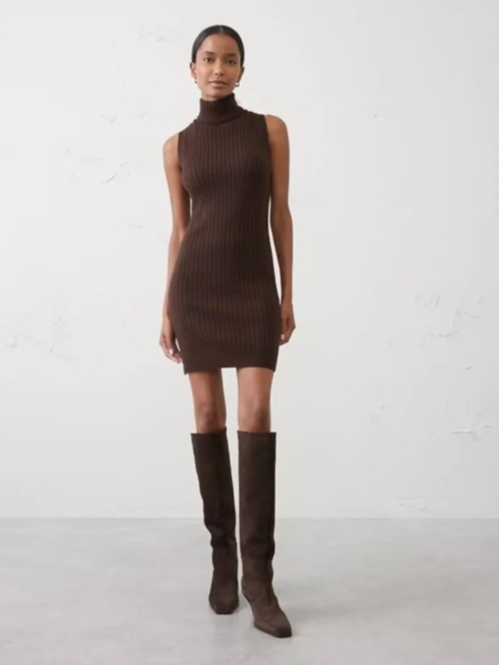 Banana Republic Factory Ribbed Turtleneck Mini Sweaterdress Dark Oak M NWT
